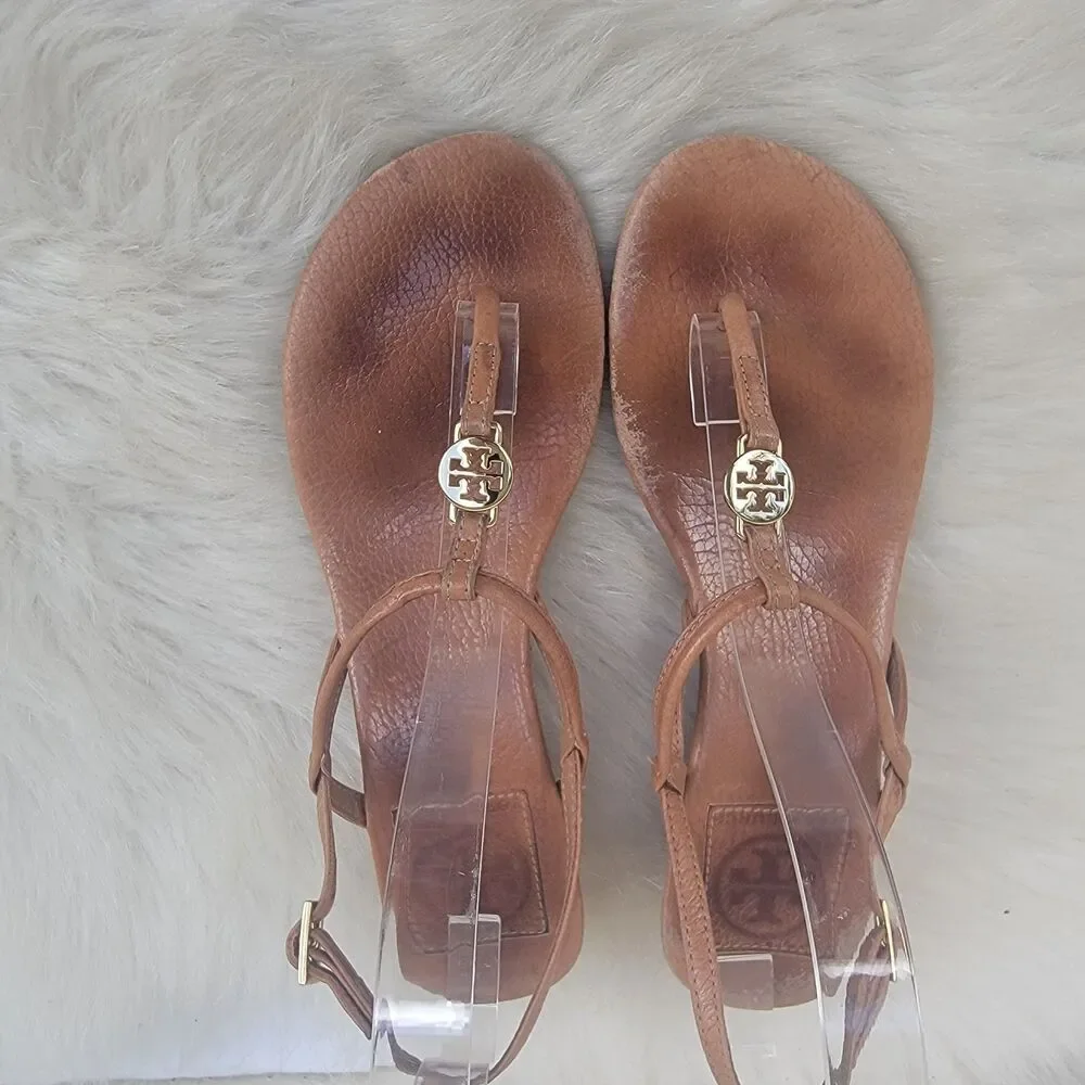 Tory Burch Emmy T-Strap Brown Leather Sandals Sz 6